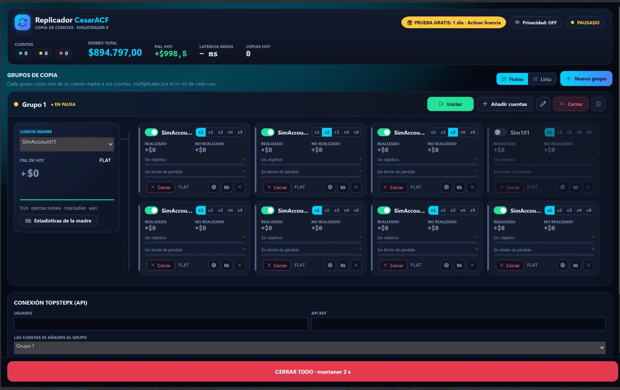 Replicador CesarACF en NinjaTrader 8: grupos de copia con su cuenta madre